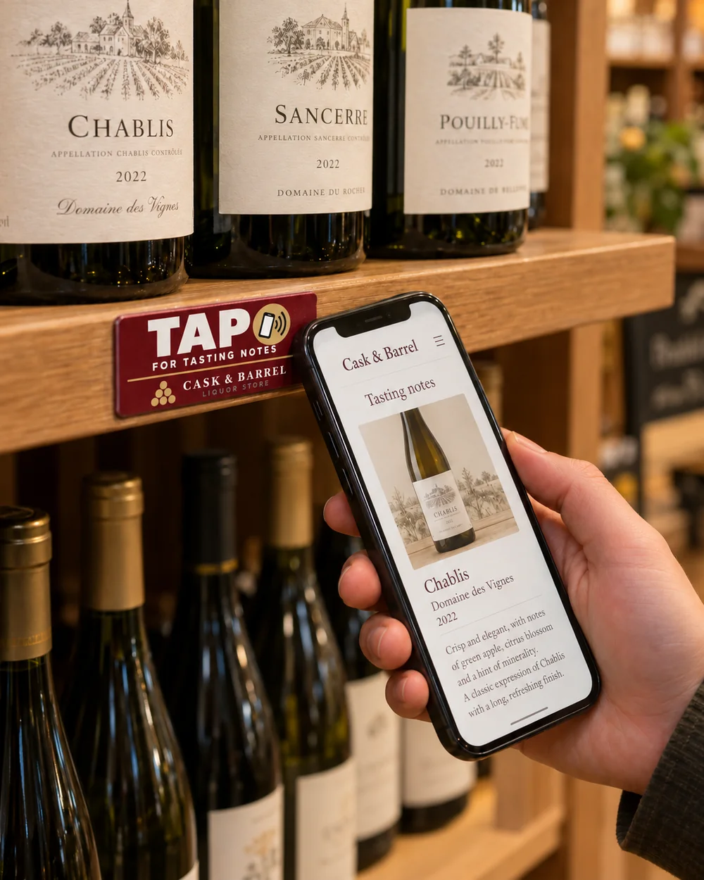 A hand holds the top of a phone against a crimson Cask & Barrel TAP for tasting notes tag on a wooden wine shelf.